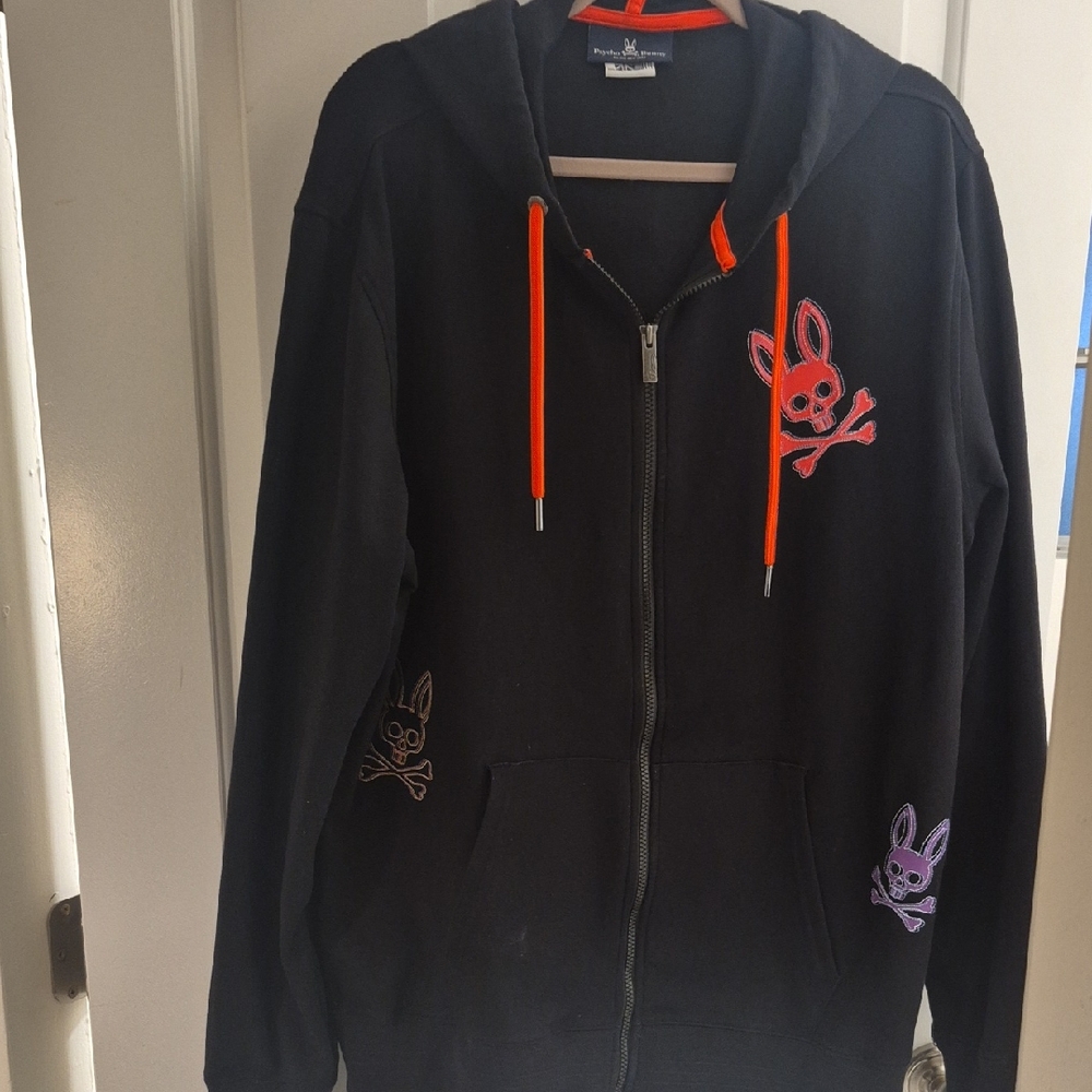 Black Zip-Up Hoodie with Skull and Bunny Design MENS PSYCHO BUNNY XXL